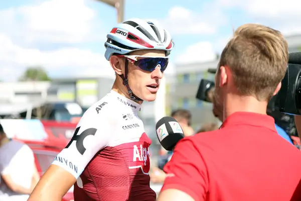 stock image Nils Politt of Team Katusha Alpecin talks to the media following the finish at Longwy of stage 3 of the 2017 Tour de France