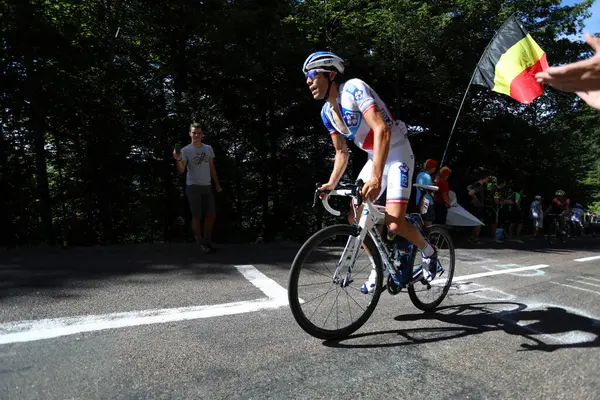 stock image French rider Thibaut Pinot of the FDJ team climbs towards the summit finish at La Planche des Belles Filles on stage 5 of the 2017 Tour de France