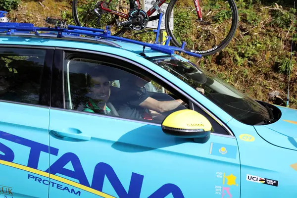 stock image Fabio Aru of the Astana Pro Team smiles in the team car after winning stage 5 of the 2017 Tour de France at the top of La Planche des Belles Filles.