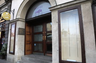 Matras Caffe, site of the first bookshop in Europe in 1610, on 25 August 2017. The caf is on Rynek Glowny, the main square in the Old Town of Krakow, Poland. clipart