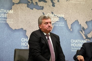 Gjorge Ivanov, President of the Republic of Macedonia, speaking about the challenges his country has faced from high levels of migration, at Chatham House in London on 1 November 2017. clipart