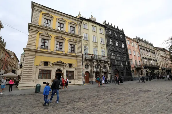 Stock image Traditional architecture on Rynok Square in central Lviv, Ukraine, on 28 August 2017. The area is included on the UNESCO World Heritage list.