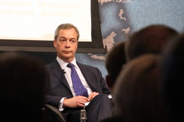 Nigel Farage, leader of the UK Independence Party, speaking at Chatham House in London on Monday 31 March 2014. clipart