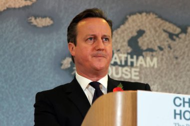 UK Prime Minister David Cameron speaking at Chatham House, London on 10 November 2015 clipart