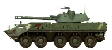 10x10 tekerlek formülü olan BTR-4 'e dayanan, 2S3 Akatsiya' nın kendinden itişli silahının bir versiyonu.
