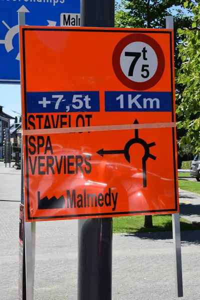 stock image the road sign of the cities Stavelot, Spa and Verviers