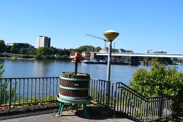 stock image river Rhine with a vine press 