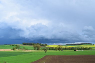 Mavi fırtına bulutlarının altında yeşil bir tarlanın güzel bir görüntüsü.