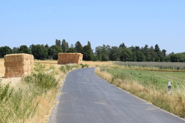 Kırsalda saman balyaları olan bir yol.