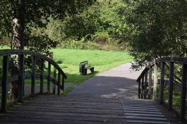 Ahşap bankta ve parkta yolda yürürken