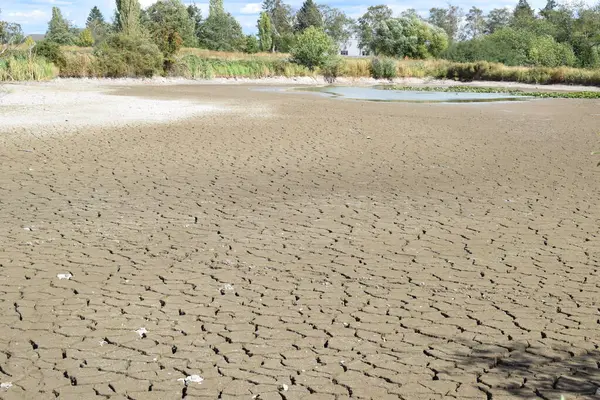 Kurumuş bir gölde büyük bir toprak yığını.
