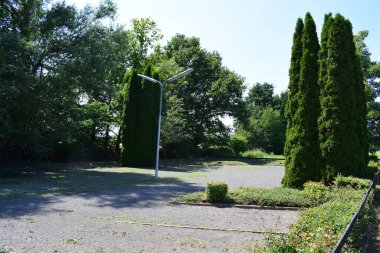 Yazlık ağaçlarla dolu çakıllı otopark