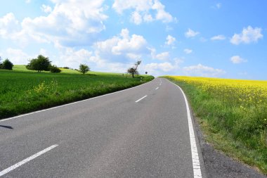 Boş asfalt yol ve mavi gökyüzü ve beyaz bulutlarla yeşil çimen tarlaları.