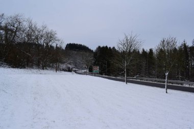 Kışın ağaçlarla çevrili karlı bir yolun dikey görüntüsü.