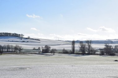 Mavi gökyüzünün altında tarlaları ve ağaçları olan bir kış manzarası.