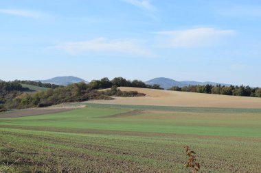 Arkasında yeşil tarlalar, ormanlar ve tepeler olan manzara..