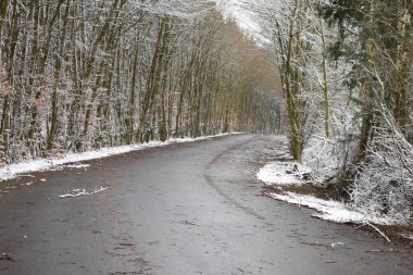 Nuerburgring 'in terk edilmiş suedschleife' si kışın karla kaplı.