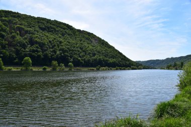 Gökyüzünün altında yeşilliklerle çevrili güzel bir nehir manzarası.