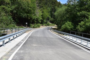 Nehir üzerindeki ahşap bir köprünün dikey görüntüsü. Güneş ışığı altında yeşilliklerle çevrili.