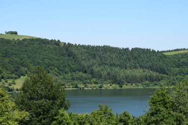 Ormandaki göl. Meerfelder Maar 'ın güzel manzarası
