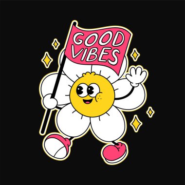 Cute funny flower with flag t-shirt print design. Vector retro vintage cartoon character illustration. Funny hippie flower,chamomile,good vibes slogan print for t-shirt,poster,sticker,logo art concept