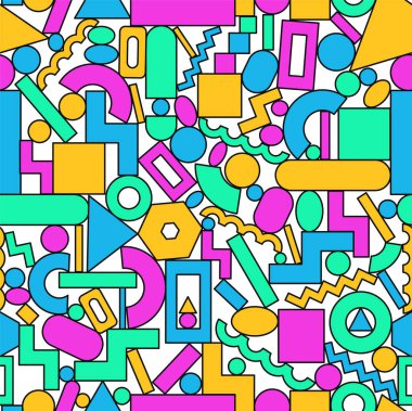 Memphis style geometry figure seamless pattern wallpaper. Vector hand drawn doodle 90s style cartoon character illustration. 80s,70s Abstract geometry memphis seamless pattern print