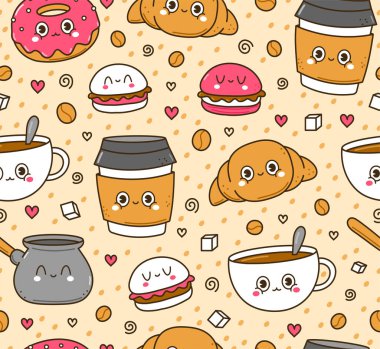 Cute funny coffee seamless pattern,wallpaper,background.Vector hand drawn doodle cartoon kawaii character illustration logo. Cute happy coffee cup,donut cartoon kawaii seamless pattern art concept
