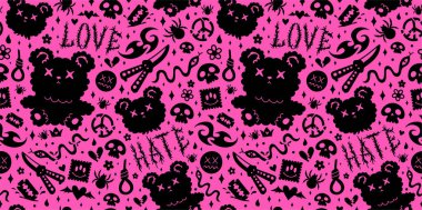 Grunge emo seamless pattern wallpaper art.Vector graphic background illustration.Dead bear toy,goth,emo seamless pattern wallpaper print concept