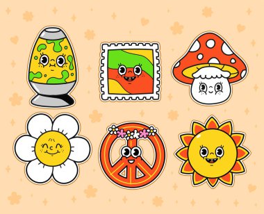 Funny hippie sticker set. Vector doodle line cartoon character illustration letters. 60s hippie style sticker set collection art