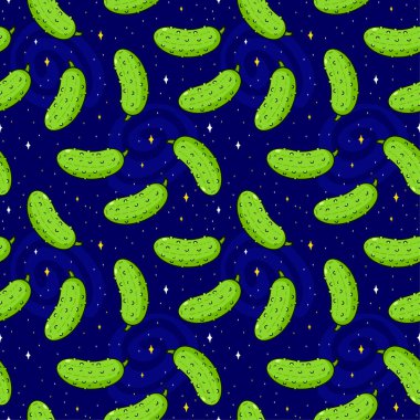 Cute funny cucumber in space,cosmos seamless pattern.Vector hand drawn doodle line cartoon kawaii illustration icon.Cucumber,pickle background seamless pattern concept