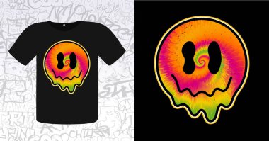 Komik kravat boyası psikedelik gerçeküstü erime gülümsemesi. Vektör bağlanmış karakter çizimi logosu. Sarı renkli kravat boyası erimesi, asit, tekno, tişört, poster, kart konsepti.