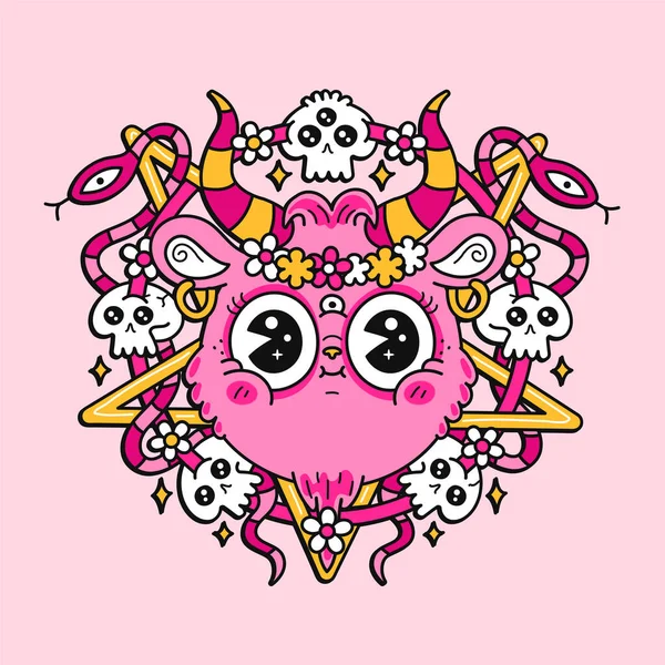 Funny Goat Satan Head Pentagram Vector Cartoon Character Illustration Logo — Stock Vector