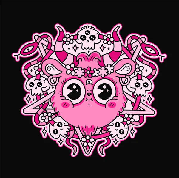Funny Goat Satan Head Pentagram Vector Cartoon Character Illustration Logo — Stock Vector