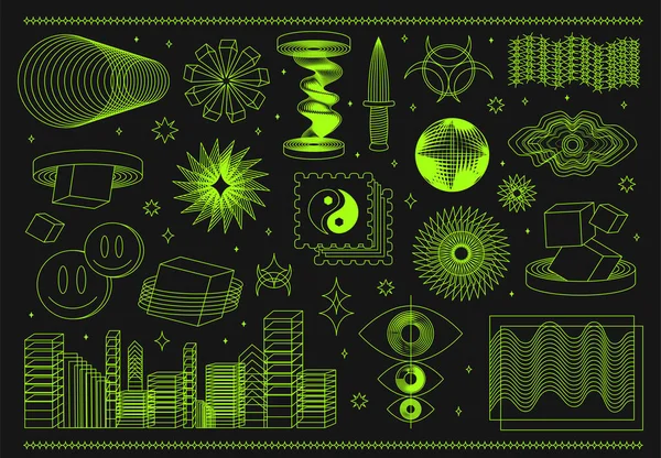Psychedelic Trippy Set Vector Modern Neon Line Style Cartoon Character — Archivo Imágenes Vectoriales