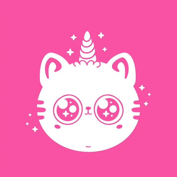 かわいい面白いユニコーンの赤ちゃん猫の顔 ベクトル手描き漫画カワイイキャラクターイラストロゴアイコン 白い背景に隔離されている ペット ユニコーン子猫 ロゴのための猫のプリント Tシャツ ポスターコンセプト ベクターグラフィックス