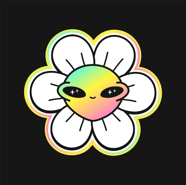 面白いエイリアンの花の顔 ベクトル漫画のキャラクターイラストのロゴ 笑顔溝付きカモミールの花の顔 テクノ Tシャツのためのトリッピープリント ポスターアートコンセプト ロイヤリティフリーのストックイラスト