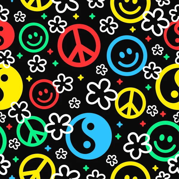 Yin Yang Peace Hippie Sign Smile Face Seamless Pattern Vector Ilustrações De Stock Royalty-Free