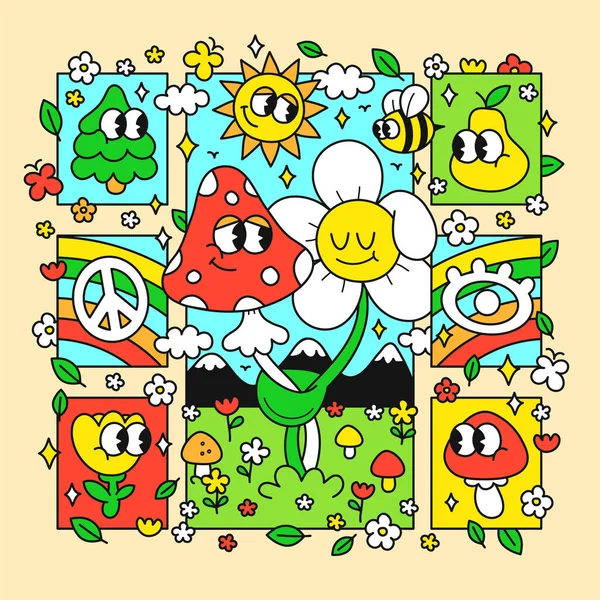 Funny Blomst Champignon Shirt Print Vector Doodle Linje Tegneserie Kawaii Royaltyfrie stock-vektorer