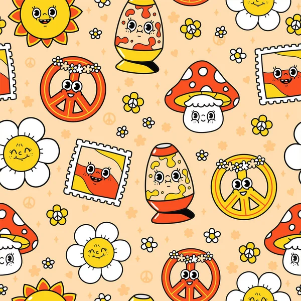 Funny Hippie Seamless Pattern Vector Doodle Line Cartoon Character Illustration Stock Vektory