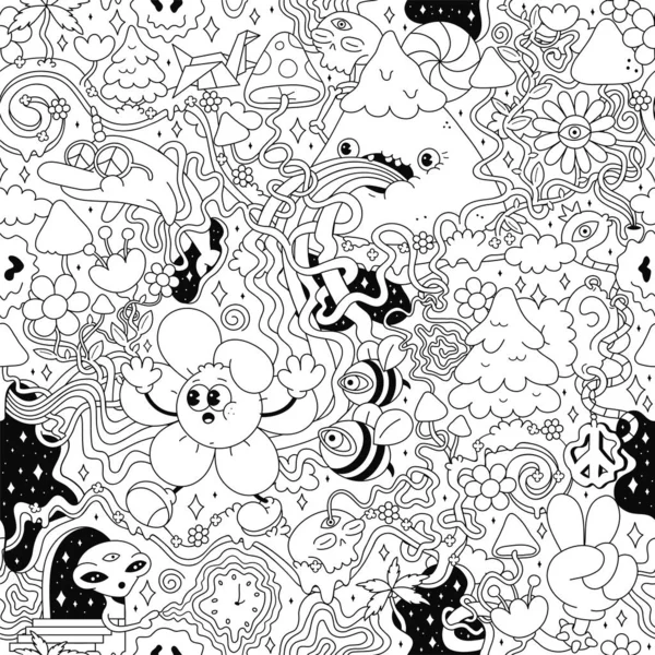 Psychedelic Trippy Seamless Pattern Art Mushroom Magic Wizard Smoking Melt Grafiche Vettoriali