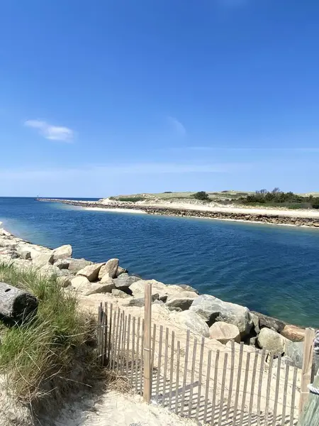 Kayalıkları olan kumlu bir sahil berrak bir gökyüzünün altında sakin mavi bir su yolu ile sınırdır..