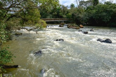 Iguazu şelaleleri bulutlu havada. Yüksek kalite fotoğraf