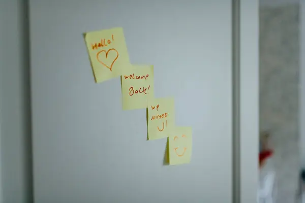 Buzdolabının kapısını süsleyen renkli bir sıra yapışkan not var. Neşeli bir 