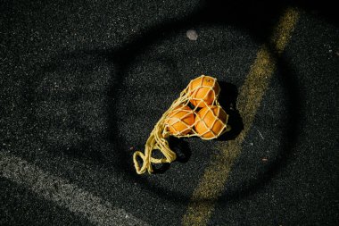 Taze portakallarla dolu bir çanta halihazırda dairesel bir alanda yerde duruyor ve doğal güzelliklerin ortasında canlı bir görüntü oluşturuyor.