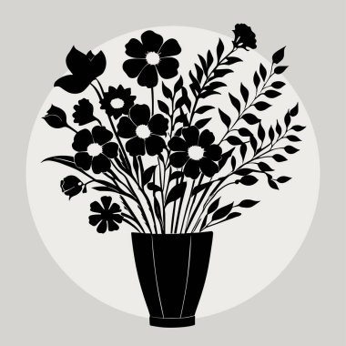 Zarif tek renkli çiçek buket vektör çizimi. Şık tasarımlar için mükemmel, bu çarpıcı siyah beyaz resim klasik bir vazoda çeşitli çiçekler sergiliyor, sofistike markalaşma, sanat projeleri veya ev dekorasyonu için ideal.