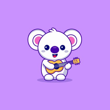 Gitarlı sevimli çizgi film koalası. Çocuklar için vektör çizimi, bebeğim, tebrik kartı