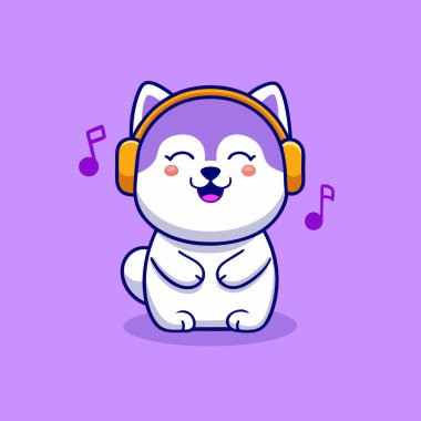 sevimli kedi kulaklıkla oynuyor, vektör çizgi film karakteri çizimi