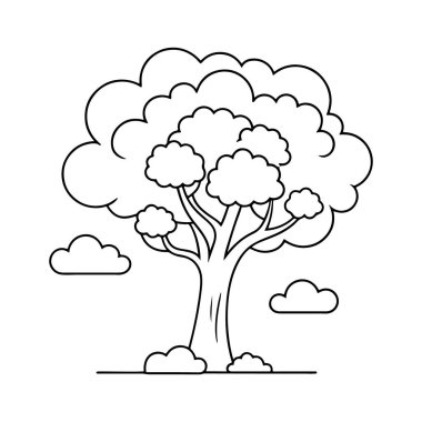 Çocuklar için bulutlu bir ağacın çizgi çizimi