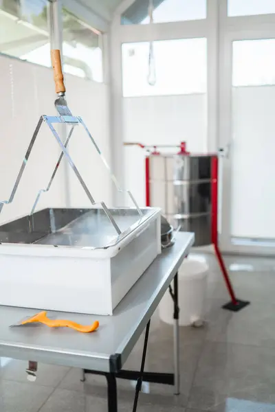 stock image Empty Uncapping Tray with Capping Scratcher on Top Ready to Harvest Honey for Beekeeping