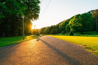 Parkta gün doğumunun güzel ışığı Taştan bir yol ile Gün ışığına çıkıyor.